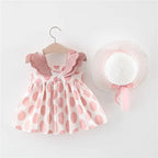 Girls summer big dot wings princess dress with matching hat, featuring a playful design and vibrant colors.