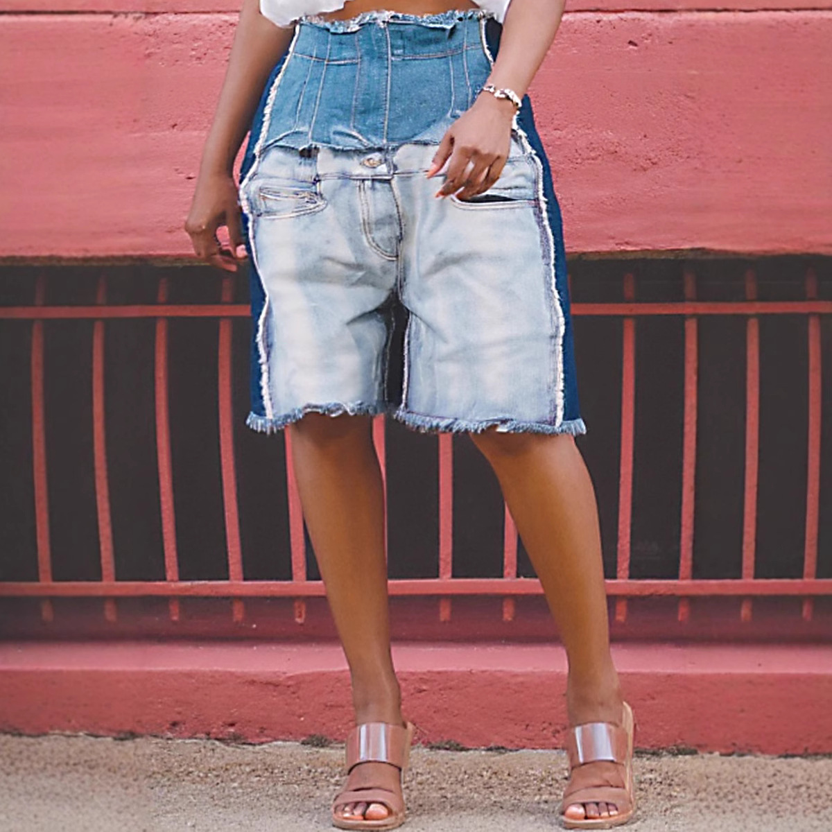High-waist distressed patchwork denim jeans by Plush Fashion Hub displayed on a model showing front view and ripped details.
