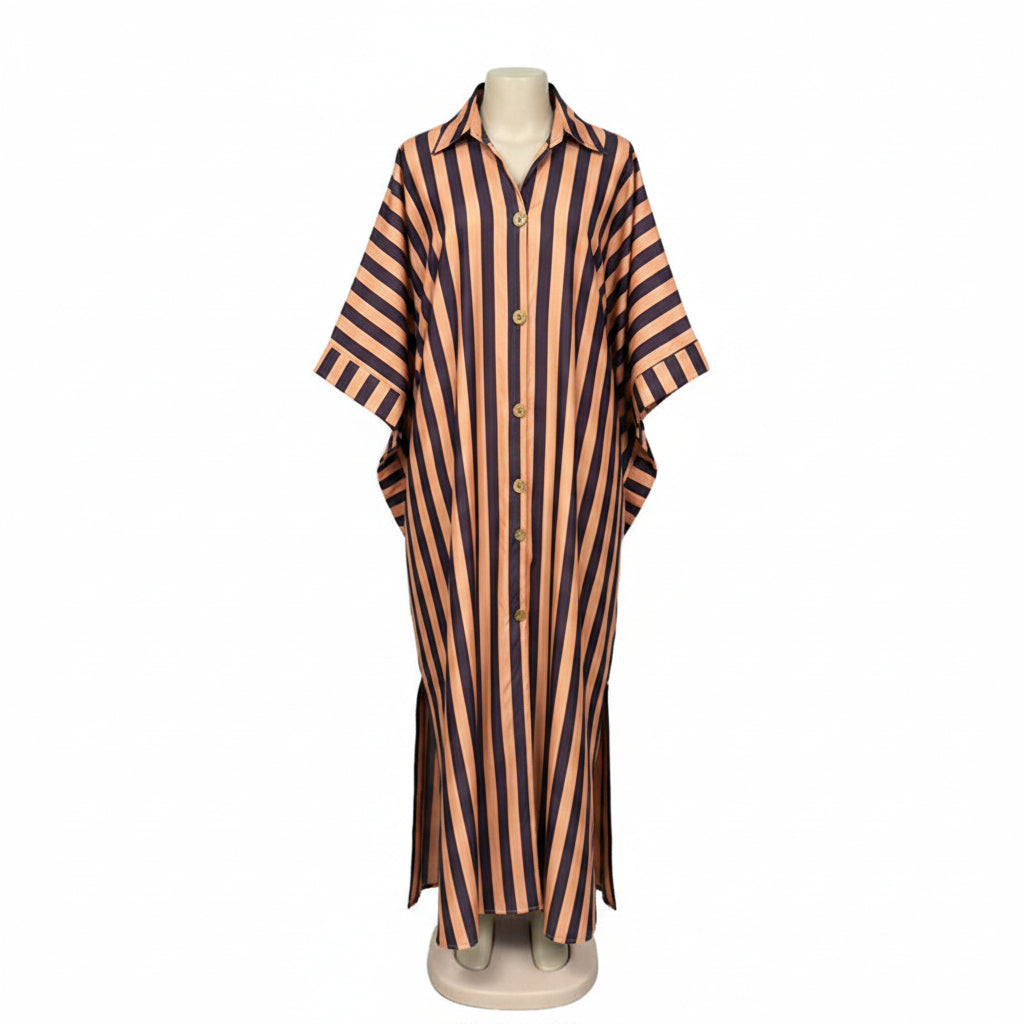 African-inspired striped loose long dress by Plush Fashion Hub in five colors, featuring a relaxed fit and vibrant pattern.