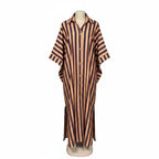 African-inspired striped loose long dress by Plush Fashion Hub in five colors, featuring a relaxed fit and vibrant pattern.