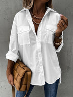 Women’s casual long sleeve shirt with pocket from FitiqueFit, shown in a relaxed fit with a front pocket and button details.