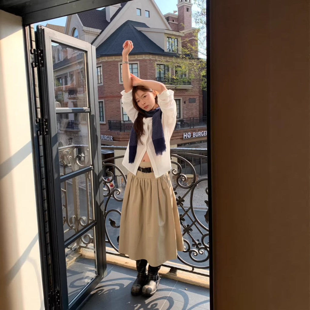 Casual FitiqueFit relaxed A-line cotton midi skirt with crushed pleats and belt, perfect for stylish everyday wear.