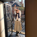 Casual FitiqueFit relaxed A-line cotton midi skirt with crushed pleats and belt, perfect for stylish everyday wear.