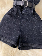 Plaid strapless denim romper with pockets, full-body suit by Plush Fashion Hub, shown on a model against a white background.