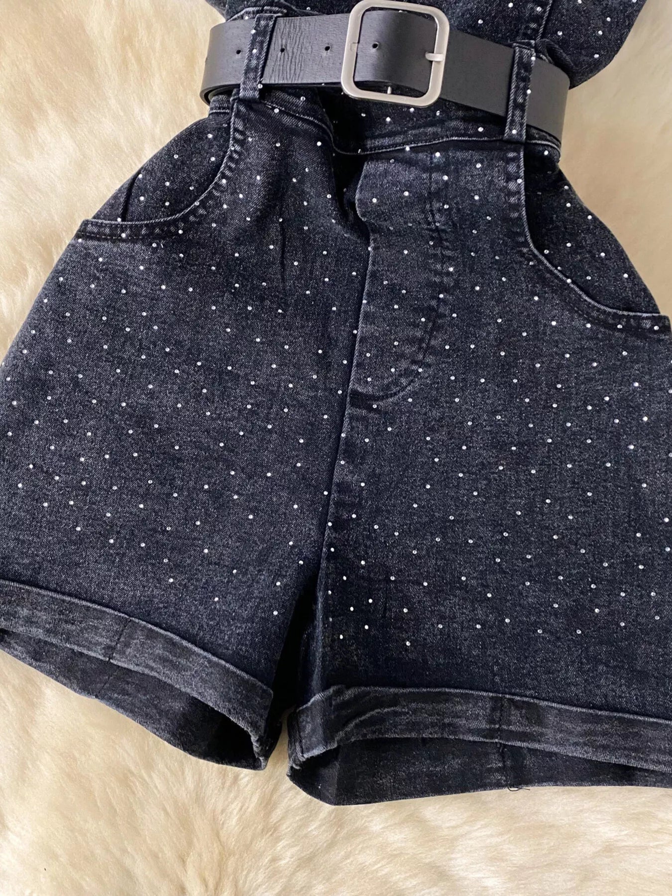 Plaid strapless denim romper with pockets, full-body suit by Plush Fashion Hub, shown on a model against a white background.