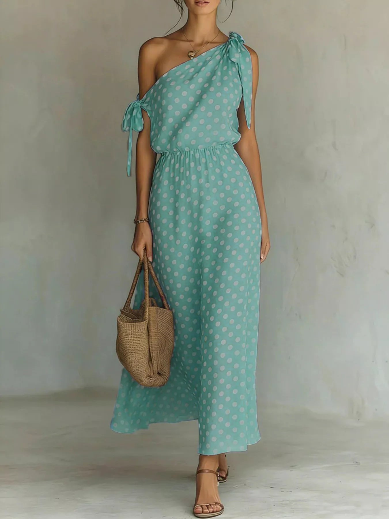 Full size polka dot one-shoulder maxi dress by Trendsi, featuring a flowing silhouette and stylish design in the image.