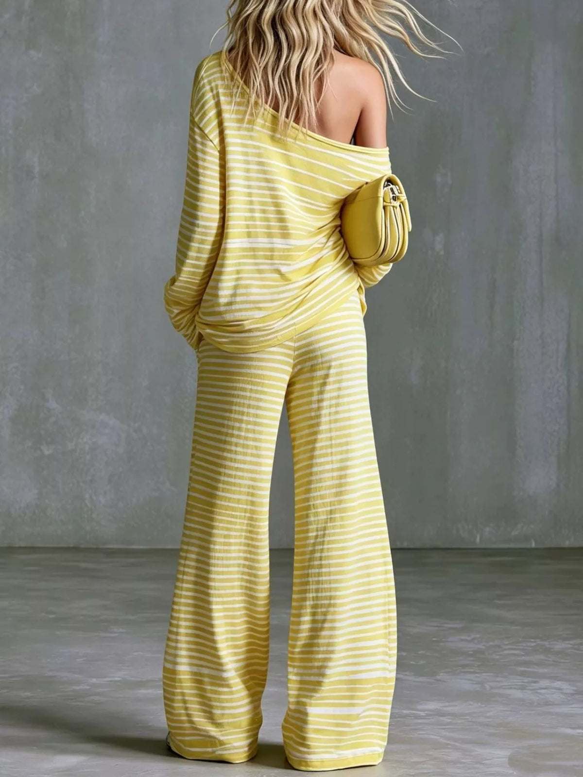 Women’s striped boat neck top and pants set by Trendsi, featuring a stylish, casual two-piece outfit with a boat neckline and striped pattern.