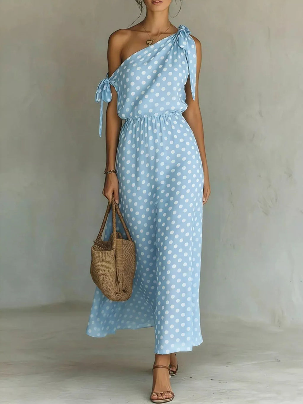 Plus size polka dot one-shoulder maxi dress by Trendsi, featuring a full-length flowing silhouette and stylish design.