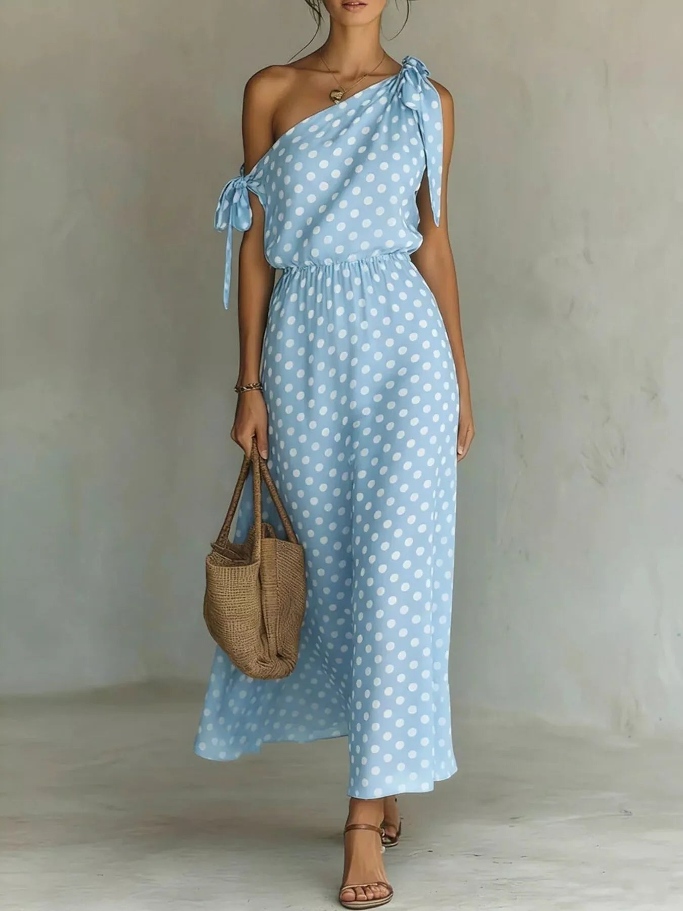 Plus size polka dot one-shoulder maxi dress by Trendsi, featuring a full-length flowing silhouette and stylish design.