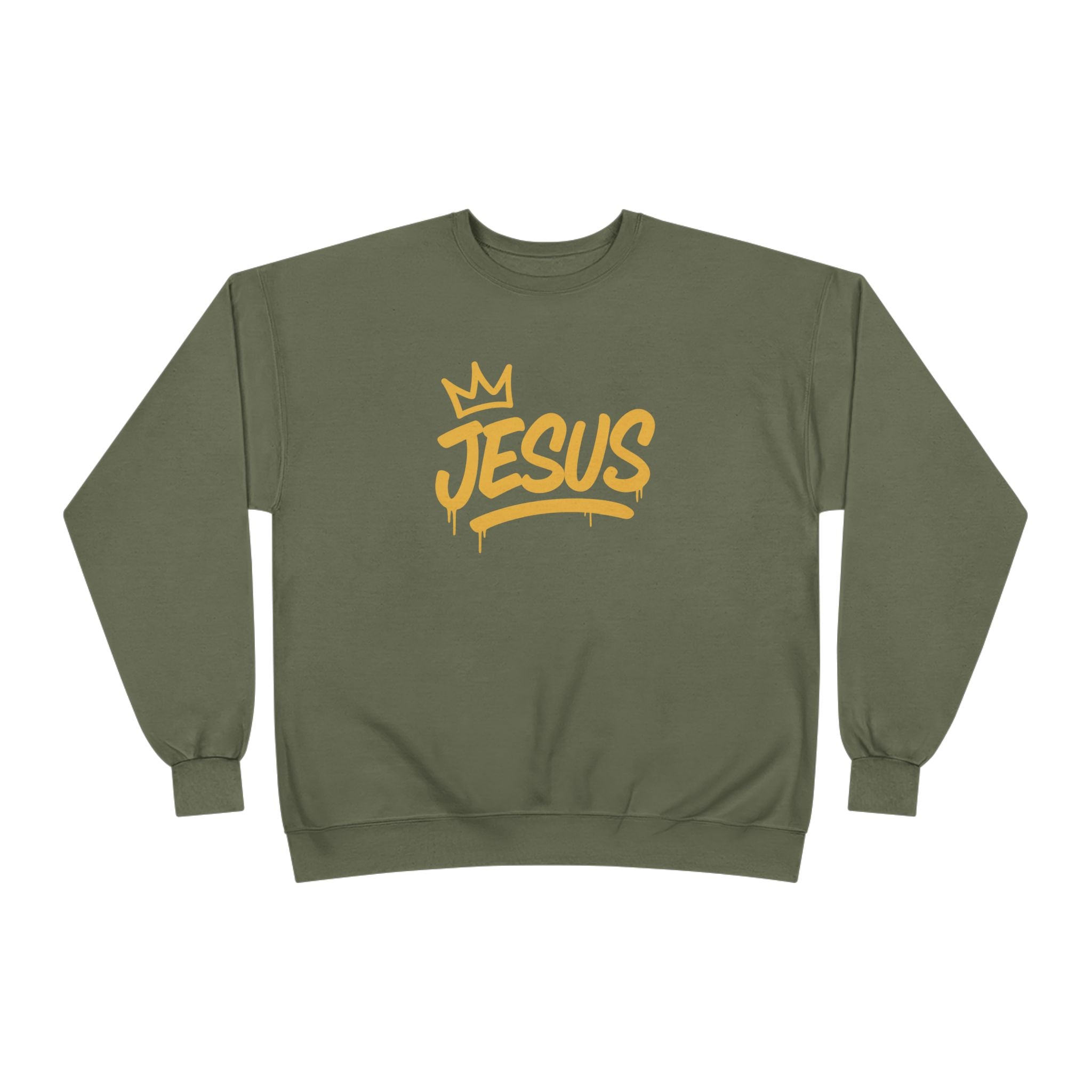 Gold script Jesus Crown crewneck sweatshirt by Wear Your Worship, featuring inspirational religious design on soft apparel.