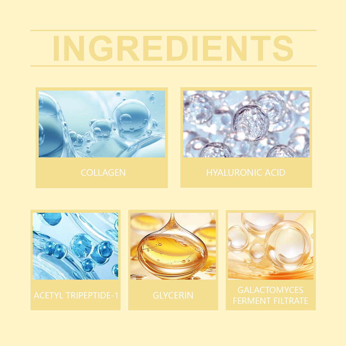 Skincare product ingredients graphic with five labeled panels showing collagen, hyaluronic acid, acetyl tripeptide-1, glycerin, and galactomyces ferment filtrate.