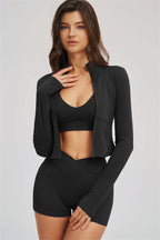 Fitglutes Activewear sports bra, zip jacket, and shorts 3-piece set, ideal for gym and workout sessions, shown in the image.