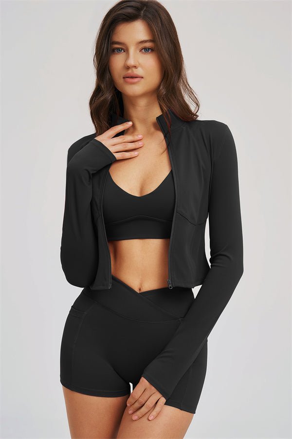Fitglutes Activewear sports bra, zip jacket, and shorts 3-piece set, ideal for gym and workout sessions, shown in the image.