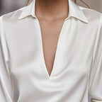 Elegant women's V-neck long sleeve blouse with satin sheen from FitiqueFit, perfect for formal or casual wear.