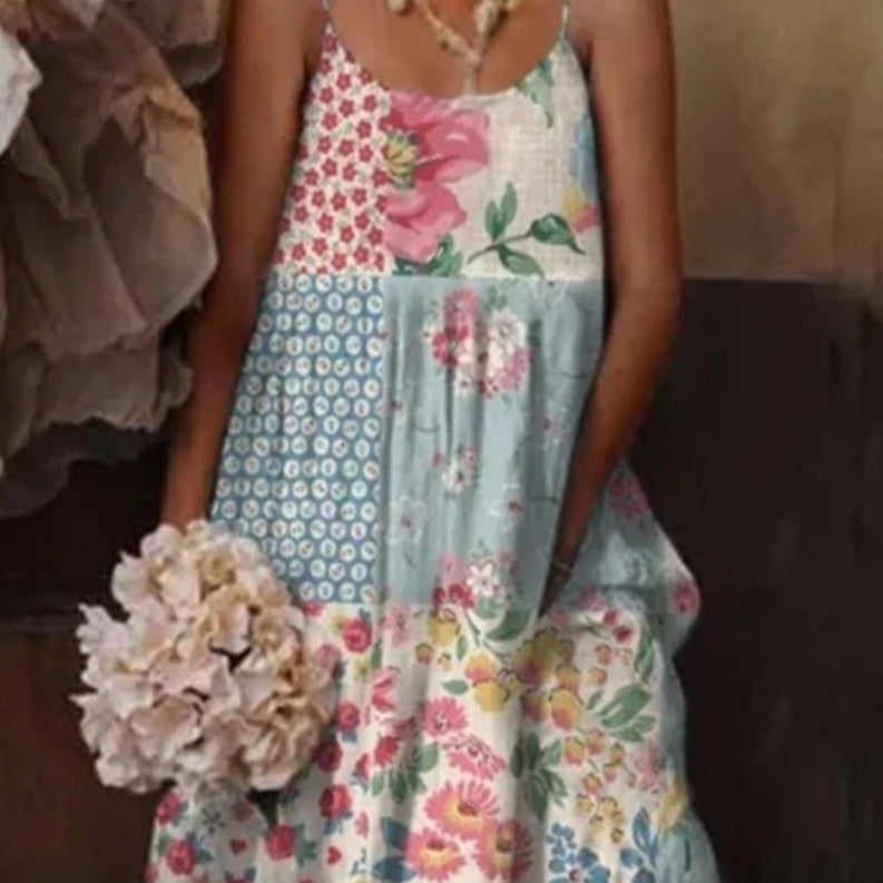 European and American style floral art print sling holiday dress by Plush Fashion Hub, casualwear with colorful floral design.
