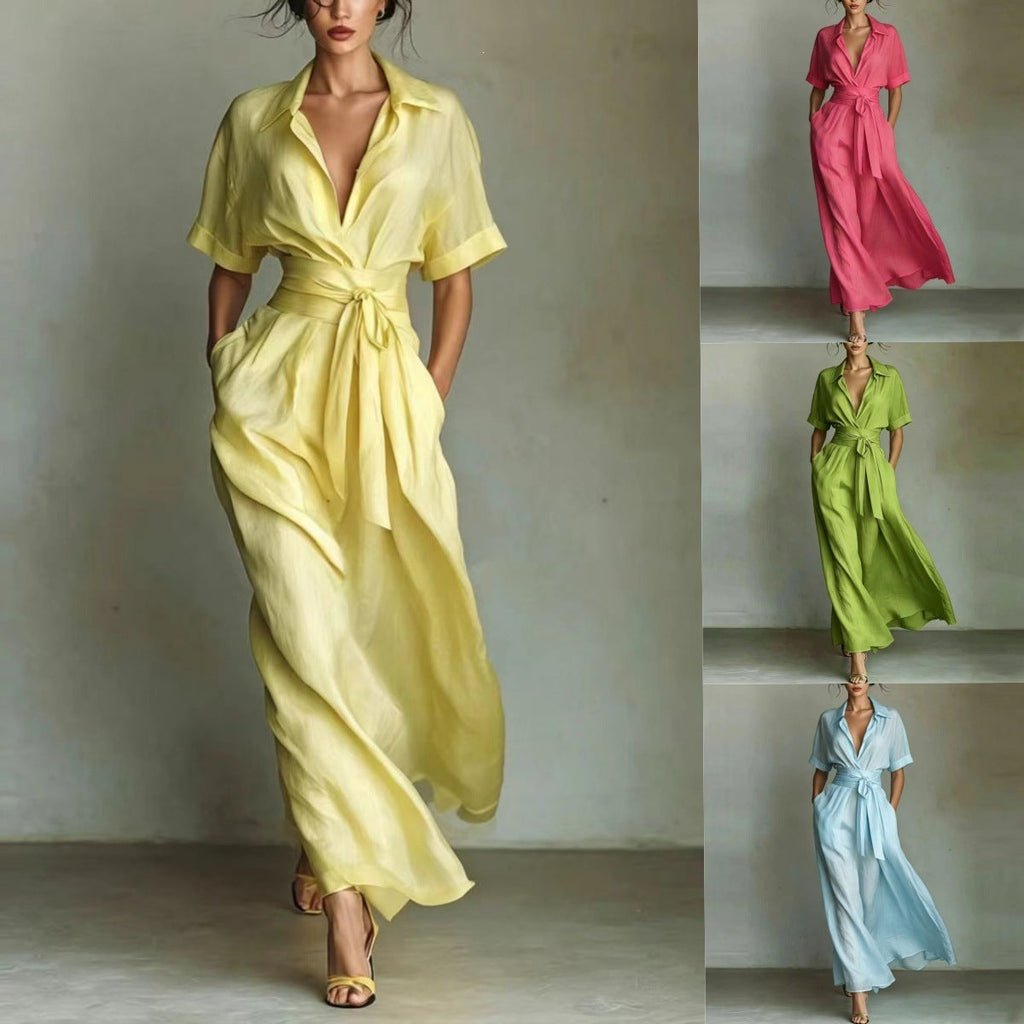 Women's solid color waist-slimming maxi dress with flip collar by FitiqueFit, featuring a flowing silhouette and elegant design.
