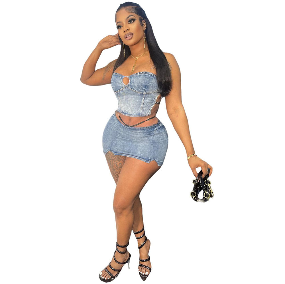 Women's Western Style Denim Dress Set Sexy Strapless Denim Top with Slit Mini Skirt