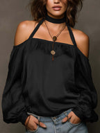 Women's satin halter neck blouse with long sleeves, shoulder-baring design in five colors, by Plush Fashion Hub.