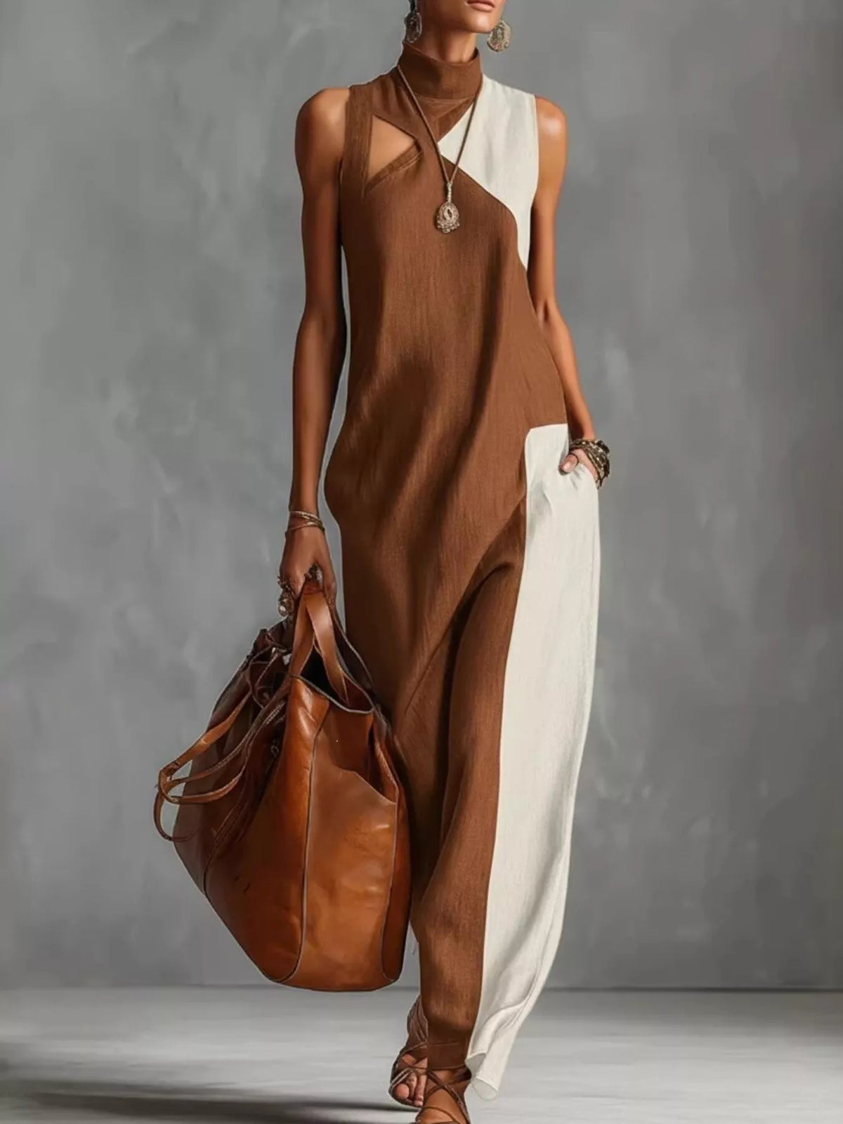 Plus size color block mock neck sleeveless maxi dress by Plush Fashion Hub, featuring vibrant color blocks and a flowing silhouette.