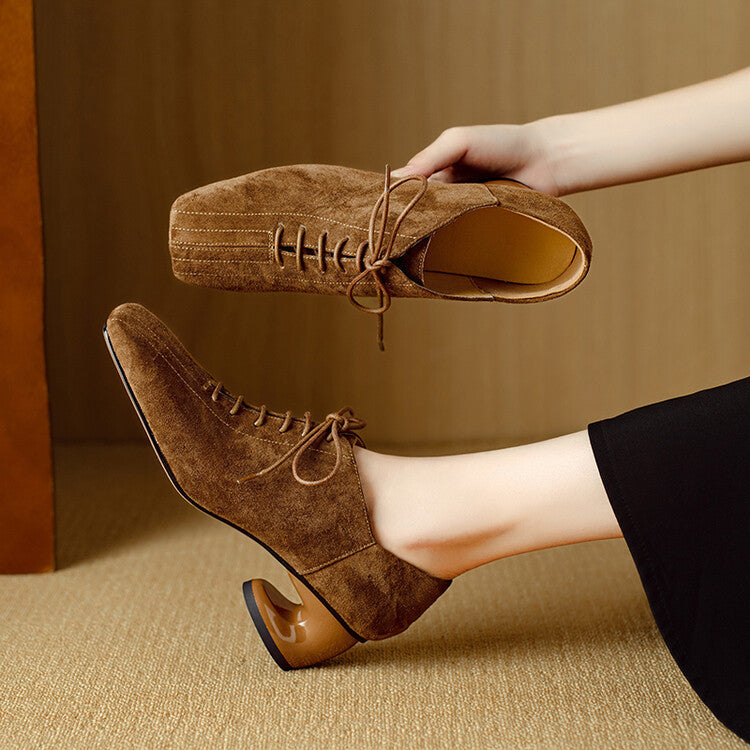 Women's retro sheepskin square toe chunky heel pumps with lace-up mid heel, stylish footwear by Plush Fashion Hub.