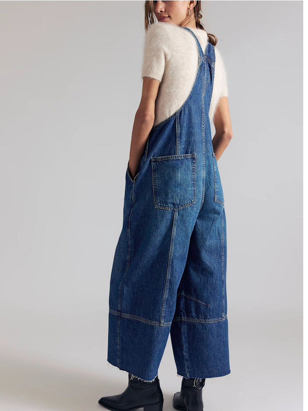 Lightweight raw hem wide-leg denim overalls jumpsuit by Trendsi, casual chic dungarees with a relaxed fit and stylish design.
