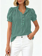 Women's striped puff sleeve blouse with ruffled details, stylish and lightweight, by Trendsi.