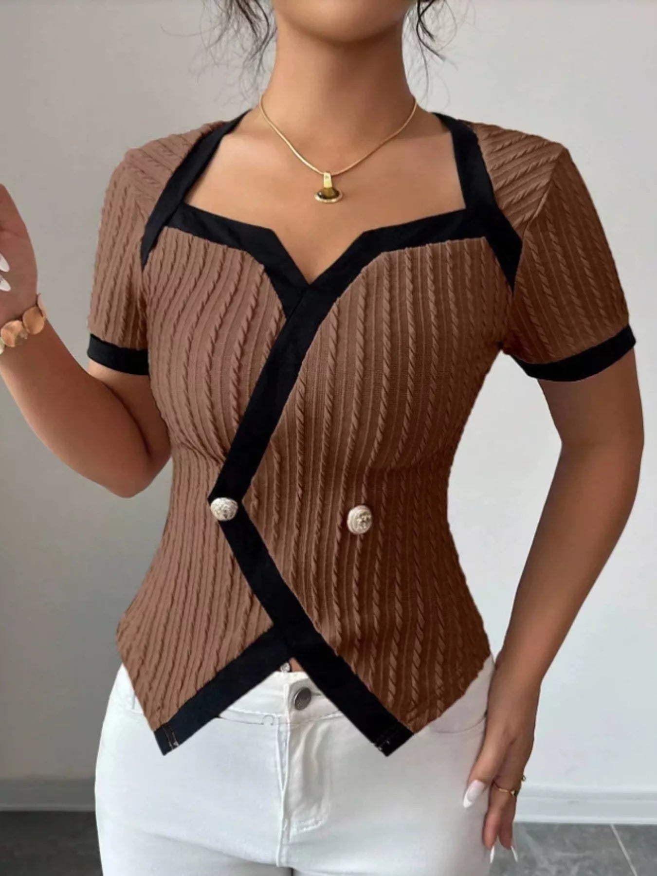 Earth tones contrast trim short sleeve t-shirt by Plush Fashion Hub, featuring a casual fit and stylish color accents.