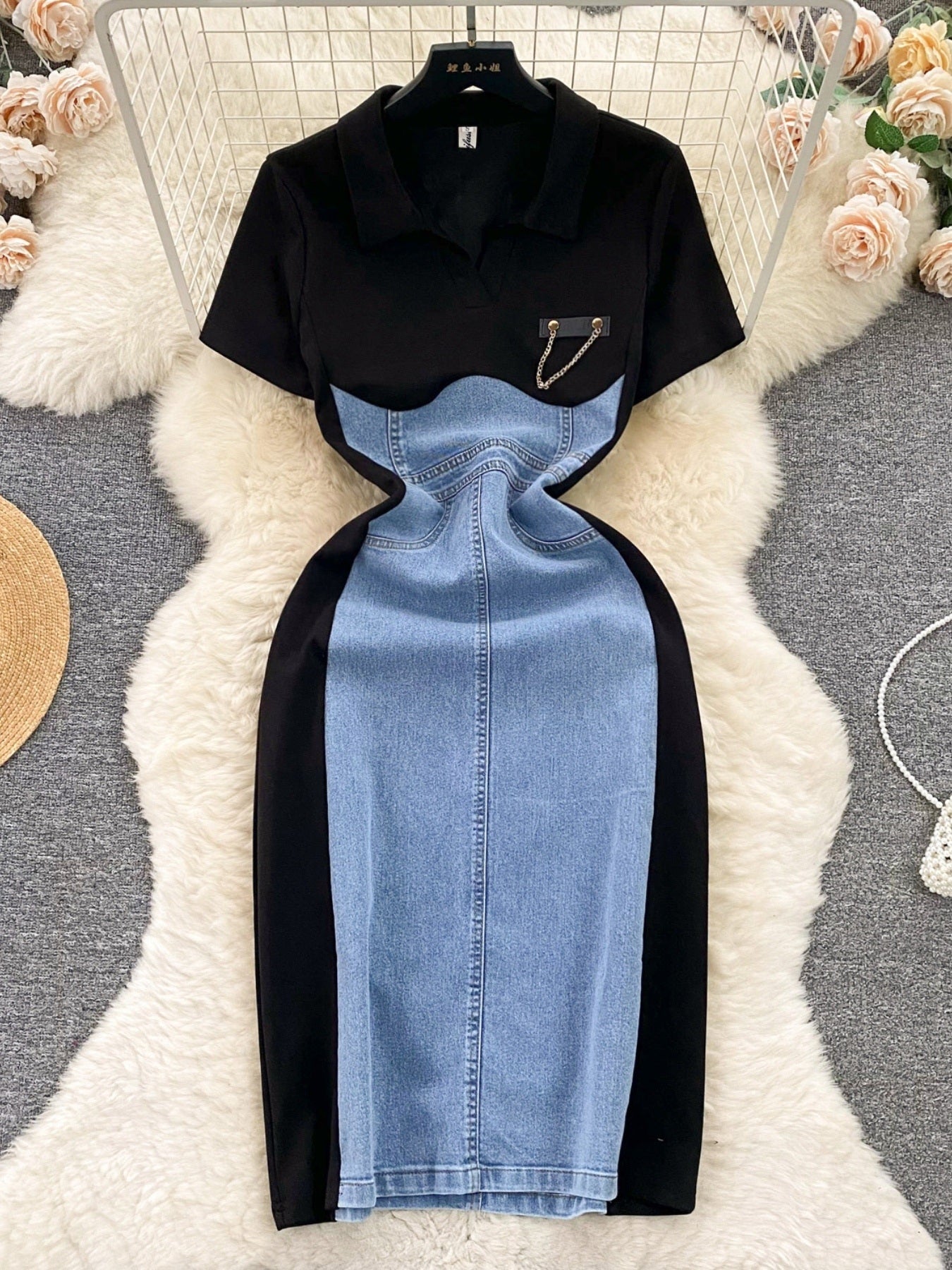 Color block denim patchwork bodycon mini dress by Plush Fashion Hub, featuring a fitted silhouette and vibrant patchwork design.