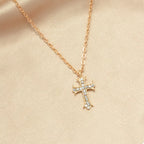 18K gold-plated rhinestone cross necklace with sparkling stones and delicate chain, stylish jewelry accessory.