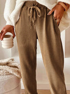 Casual corduroy drawstring waist pants by Simply Love, shown on a model, featuring a relaxed fit and textured fabric.