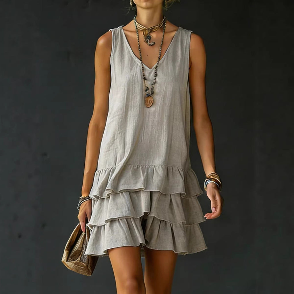 FitiqueFit V-neck sleeveless midi dress in five colors, casualwear, shown in a stylish, relaxed fit on a model.