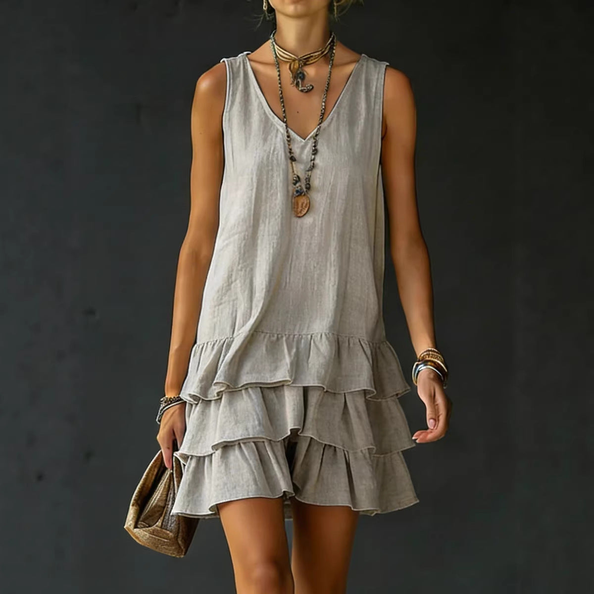 FitiqueFit V-neck sleeveless midi dress in five colors, casualwear, shown in a stylish, relaxed fit on a model.
