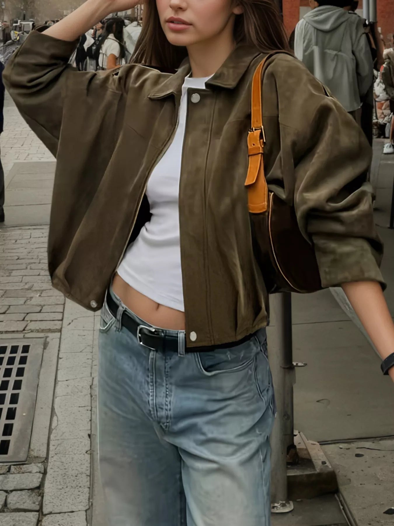 Plus size suede cropped bomber jacket by Simply Love, showing the textured tan fabric and fitted style.