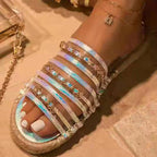 Large size women's straw sandals with thick hemp rope bottom, rhinestones, and plush fashion style.