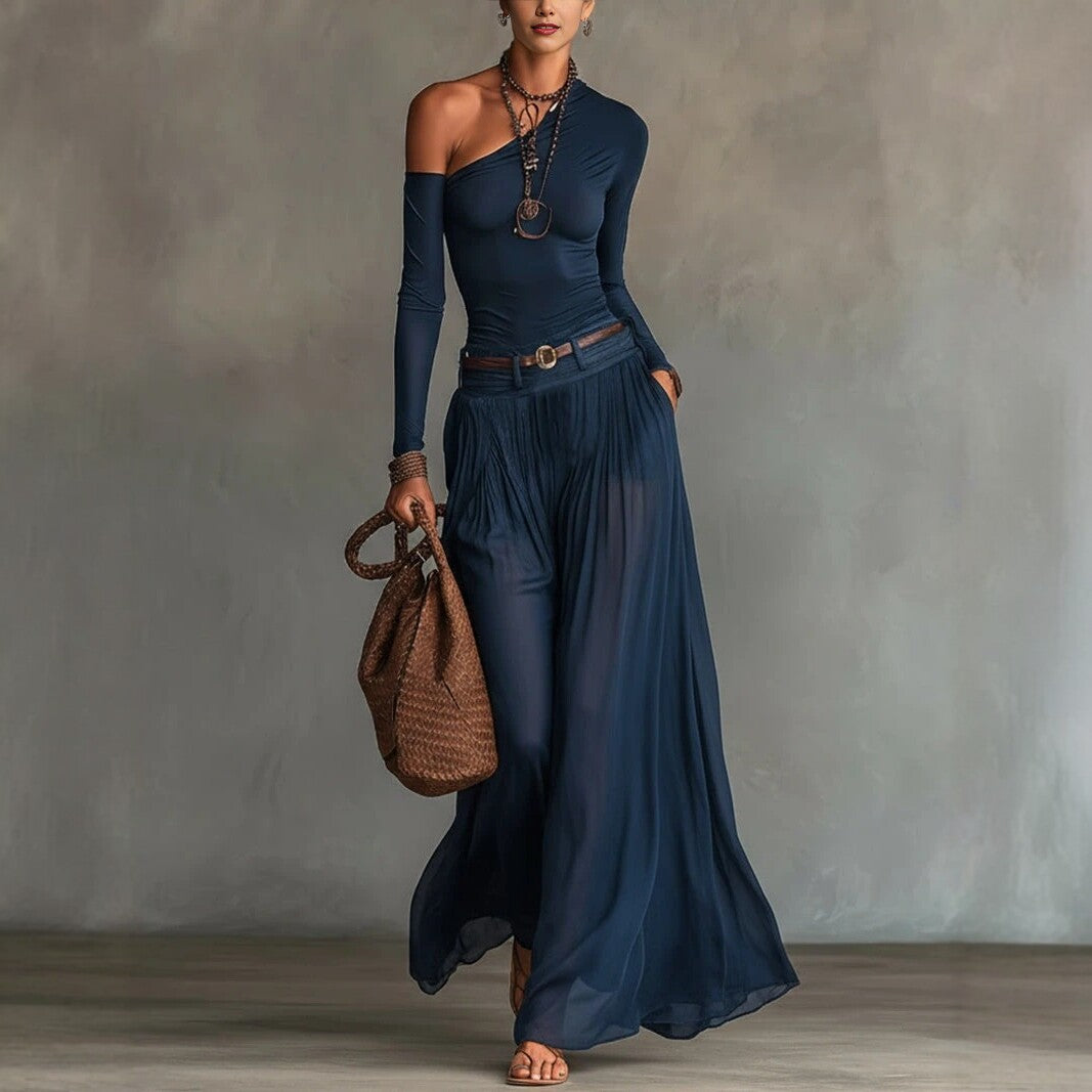 Asymmetrical shoulder long sleeve dress set by FitiqueFit featuring a belted A-line maxi dress in a stylish design.