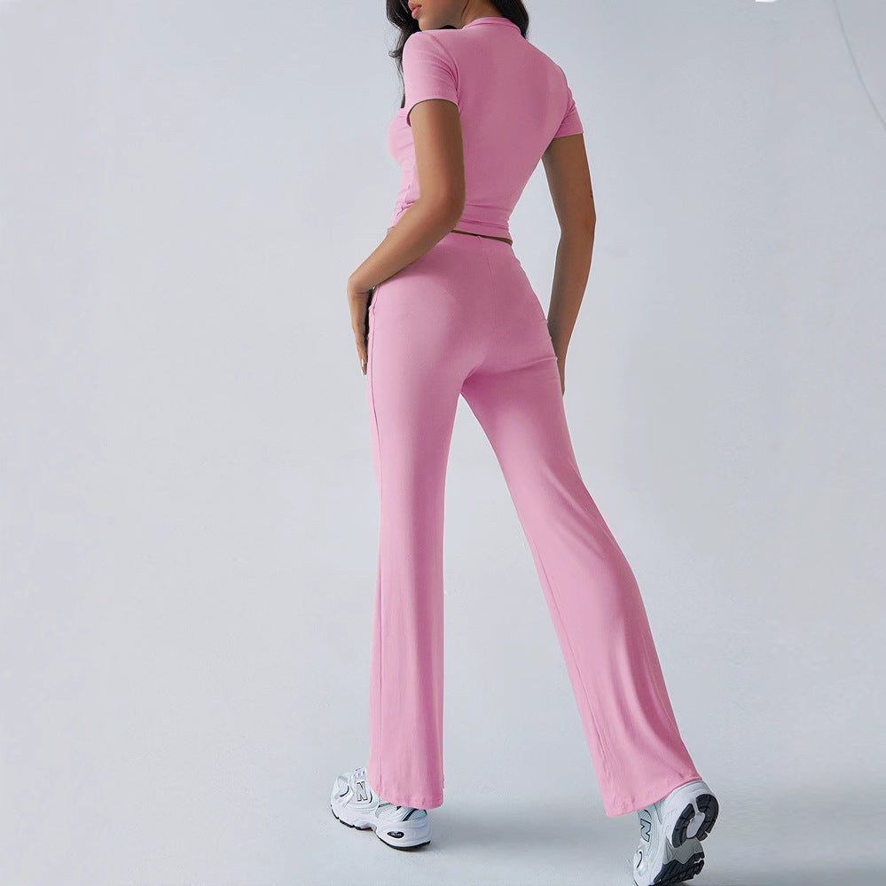 FitiqueFit crew neck short sleeve top and full-length pants set in a solid color, shown in one of ten available colors.