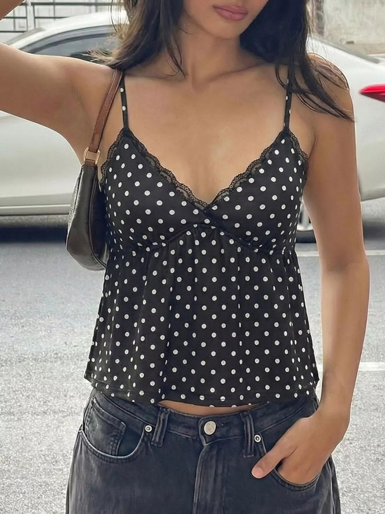 Polka dot lace trim cami top by Plush Fashion Hub, featuring lightweight fabric and delicate lace detailing at the neckline.