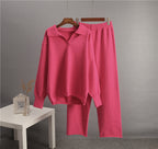 Solid color lapel sweater set for women by Plush Fashion Hub, casualwear with a cozy, stylish look in the image.