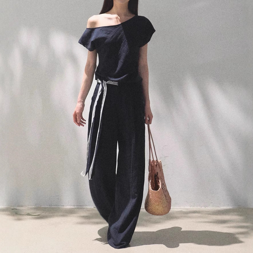 Linen off-shoulder asymmetric casual set by FitiqueFit in two colors, featuring relaxed fit top and matching pants, size S-L