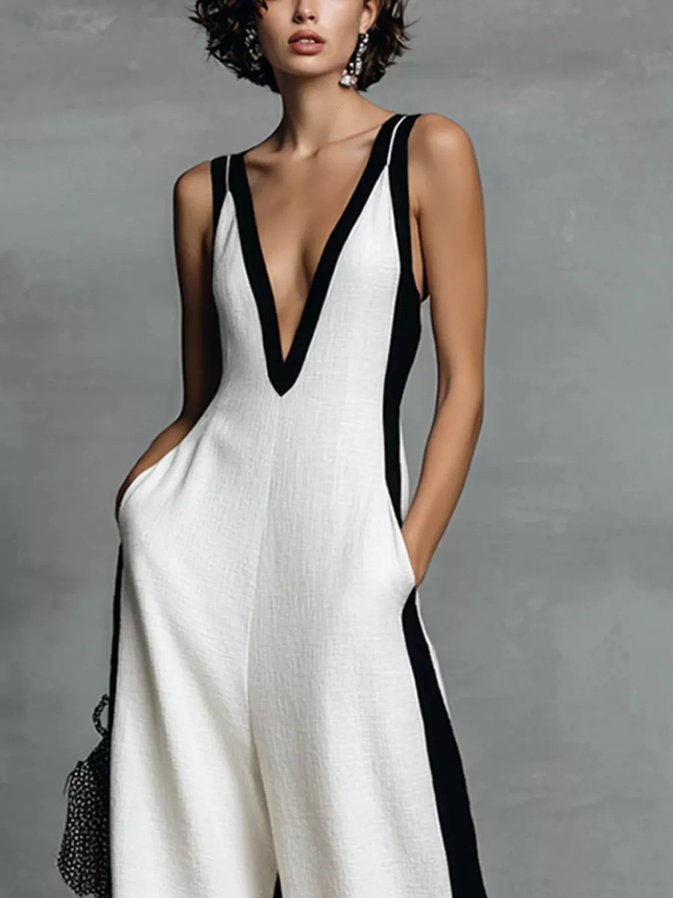 Deep V-neck wide-leg jumpsuit onesie by Plush Fashion Hub, featuring a stylish V-neckline and flowing wide-leg silhouette.