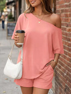 Plus size one shoulder top and shorts set by Plush Fashion Hub, featuring a stylish top and matching shorts for a trendy look.