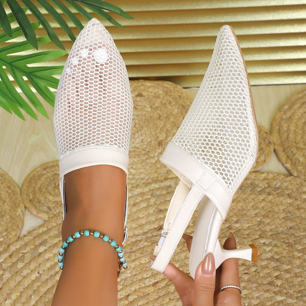 Women's mesh pointed toe kitten heel sandals by Trendsi, featuring elegant chic design with breathable mesh material.