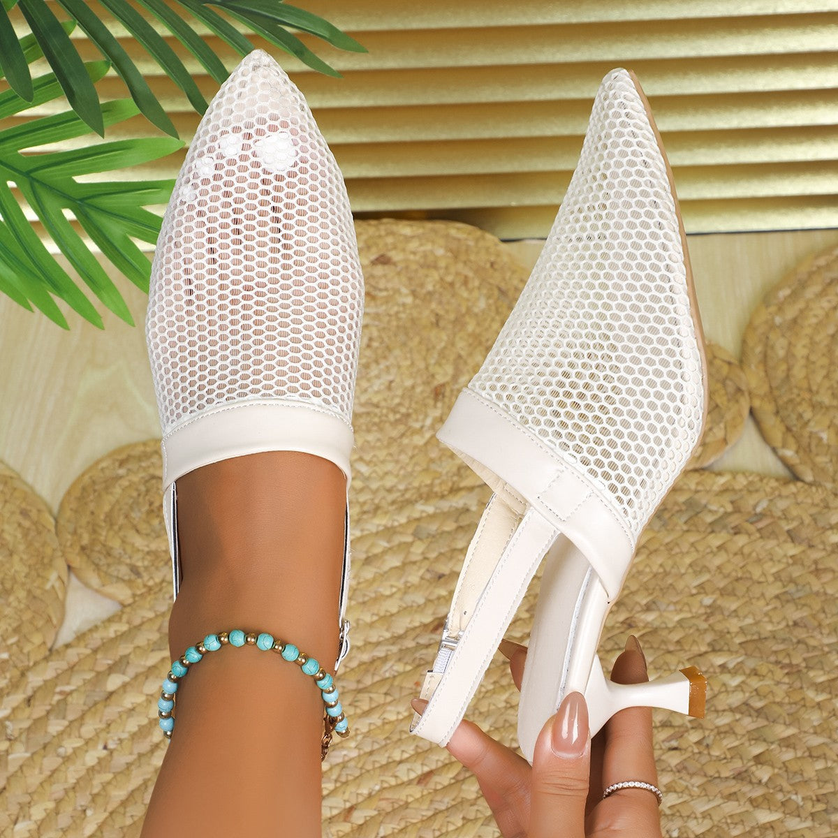Women's mesh pointed toe kitten heel sandals by Trendsi, featuring elegant chic design with breathable mesh material.