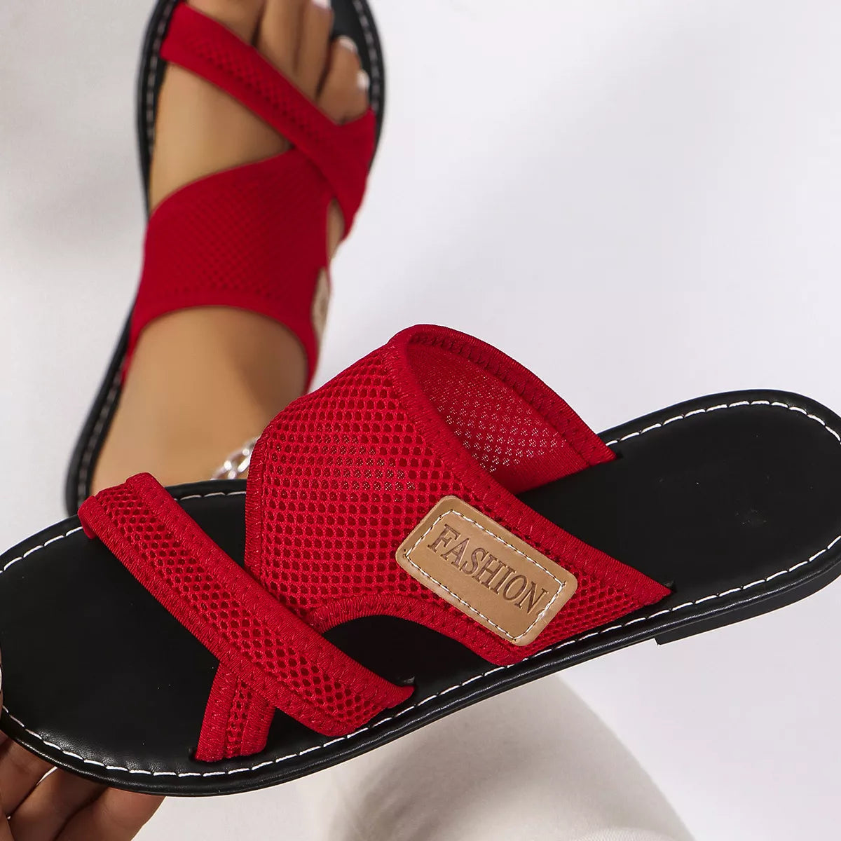 Open toe mesh sandals by Plush Fashion Hub featuring breathable mesh design and stylish open-toe style for warm weather.