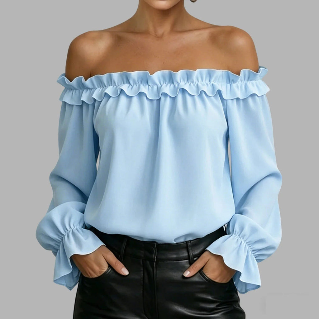 Women's ruffle off-shoulder blouse with 3/4 sleeves from Plush Fashion Hub, featuring elegant design and stylish details.