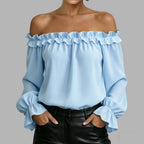 Women's ruffle off-shoulder blouse with 3/4 sleeves from Plush Fashion Hub, featuring elegant design and stylish details.