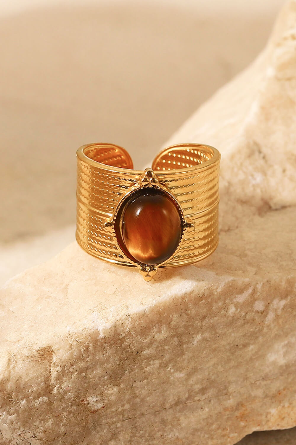 18K gold-plated wide open ring with sleek band and minimalist design, showcasing a stylish jewelry piece by Shopimist.
