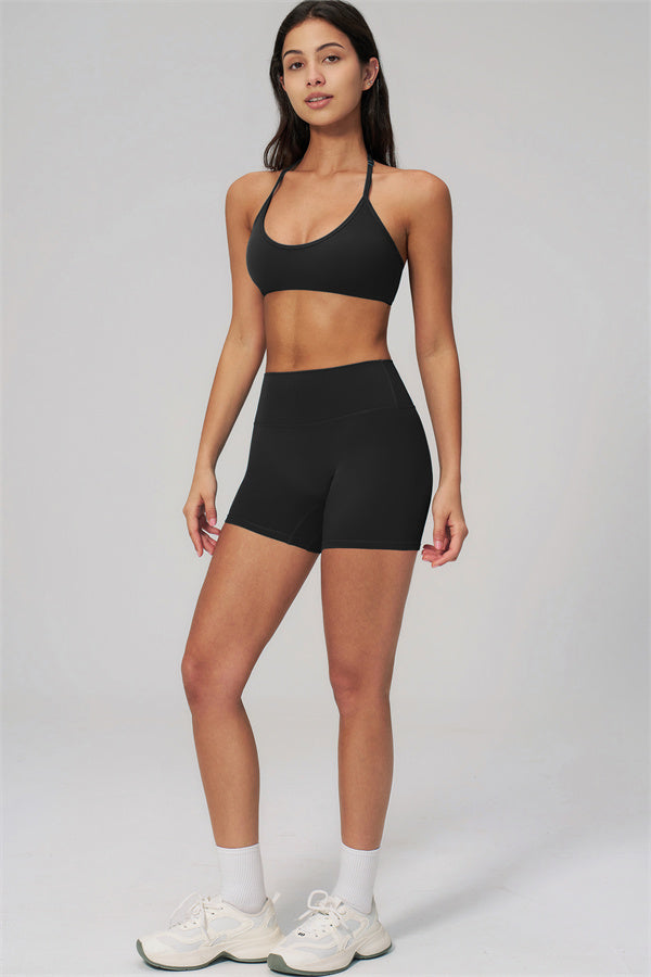 Fitglutes Activewear sports bra and shorts 2-piece set, athletic gymwear and workout clothes, shown in black with supportive fit