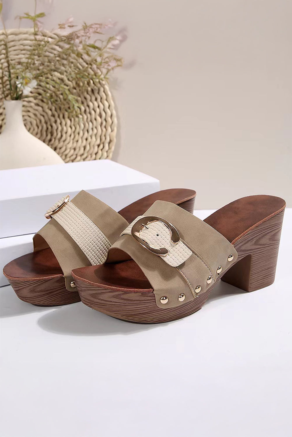 Threaded Pear Erin studded chunky heel slippers with plush interior and stylish design, perfect for cozy indoor wear.