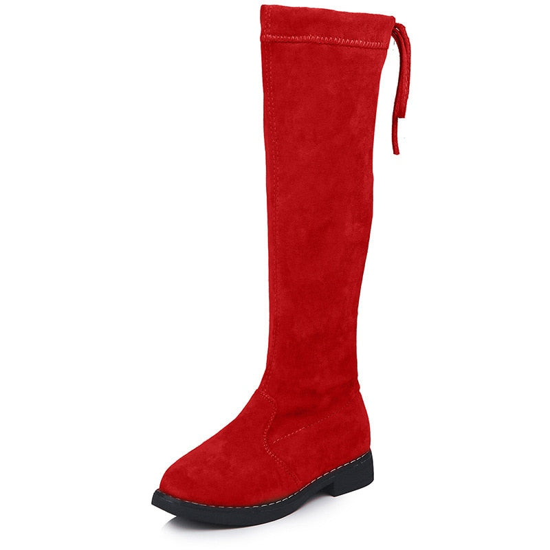Red suede over-the-knee boot with a flat sole and a drawstring tie at the collar.